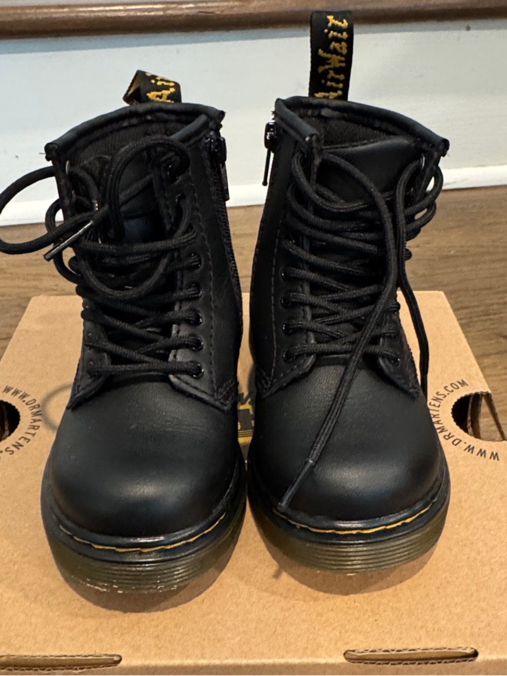Dr. Martens Black Lace-Up Women's Combat Boots with Yellow Stitching